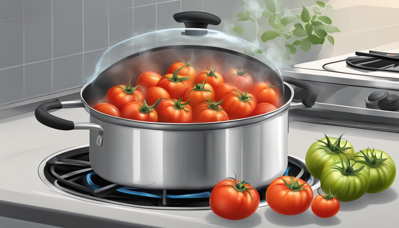 Fresh tomatoes boiling in a pot on a stove, steam rising, with a timer set nearby