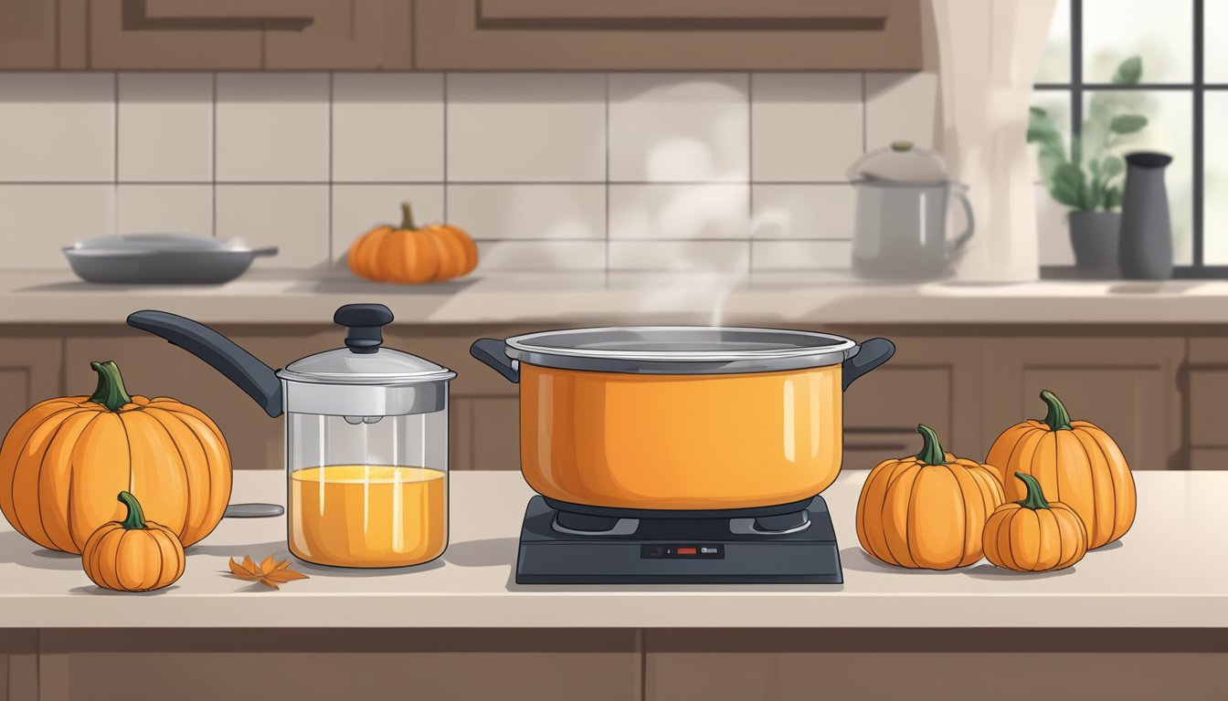 A pot of boiling water with a fresh pumpkin being lowered in. Timer set. Ingredients and recipe book nearby