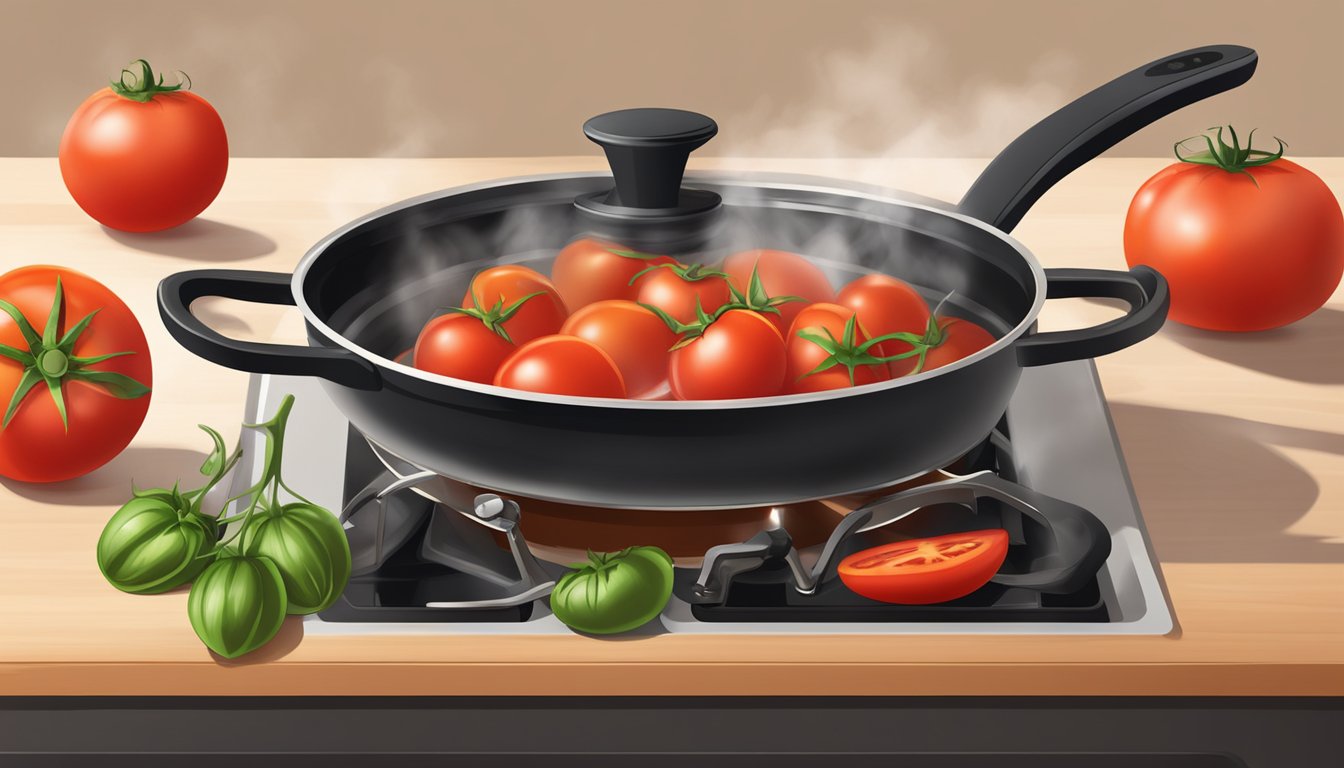 Fresh tomatoes boiling in a pot on a stovetop, steam rising, with a wooden spoon nearby