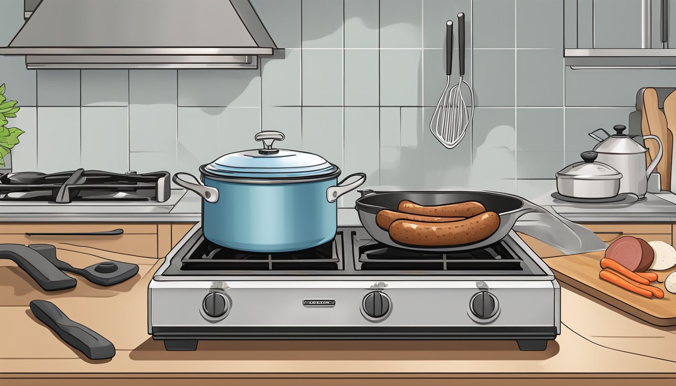 A pot of water boiling on a stove with kielbasa sausage on a cutting board nearby