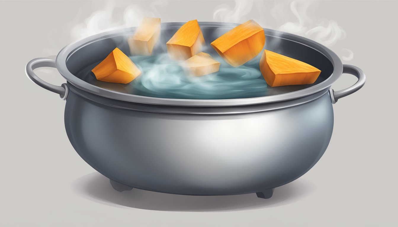 A pot of boiling water with fresh pumpkin chunks inside, steam rising from the pot