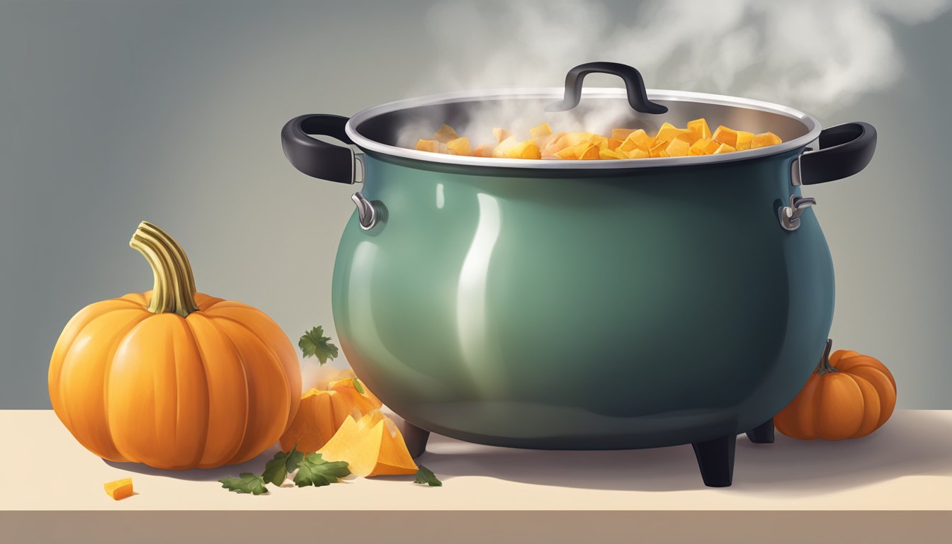 A pot of boiling water with fresh pumpkin pieces inside, steam rising as they cook