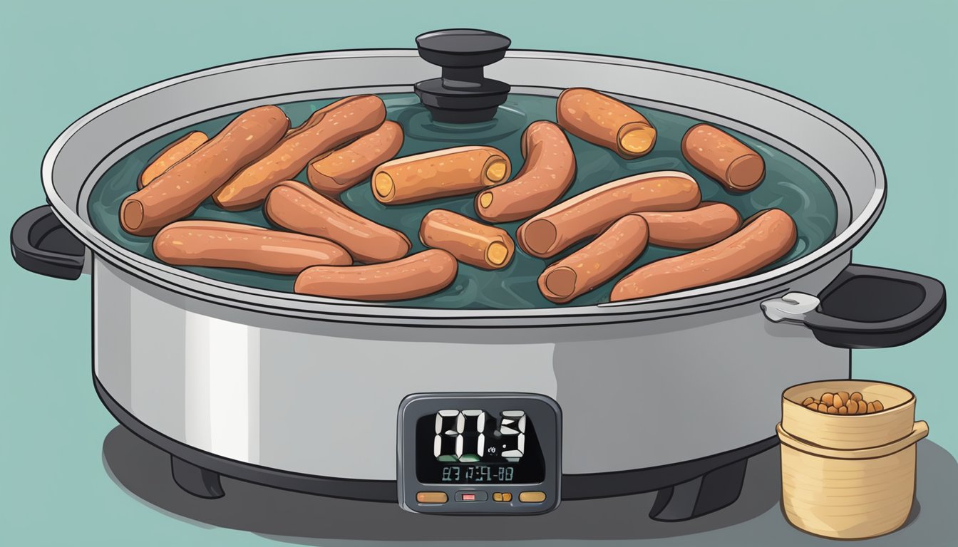 A pot of boiling water with kielbasa submerged inside, a timer set beside it