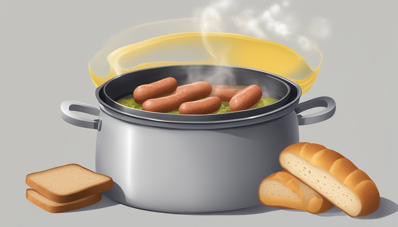 A pot of boiling water with kielbasa submerged, steam rising. On the side, a plate of mustard, sauerkraut, and bread