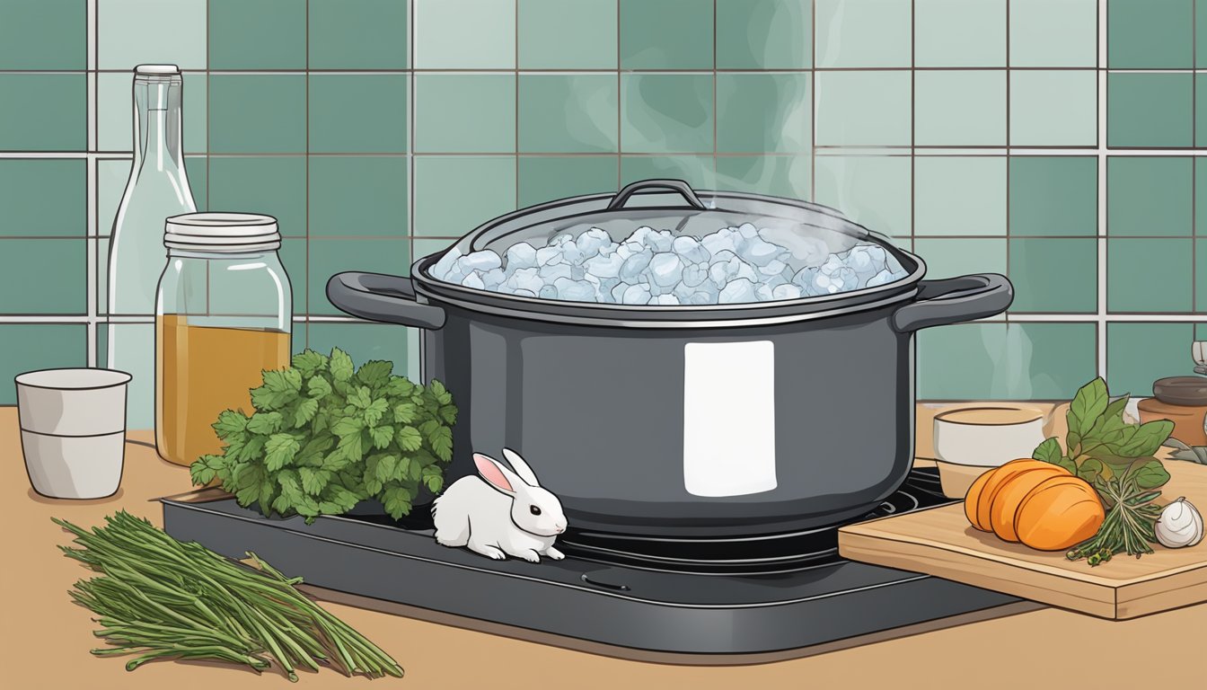 A pot of water simmering on a stove, with a whole rabbit lying on a cutting board next to it. Various herbs and spices are scattered around the scene