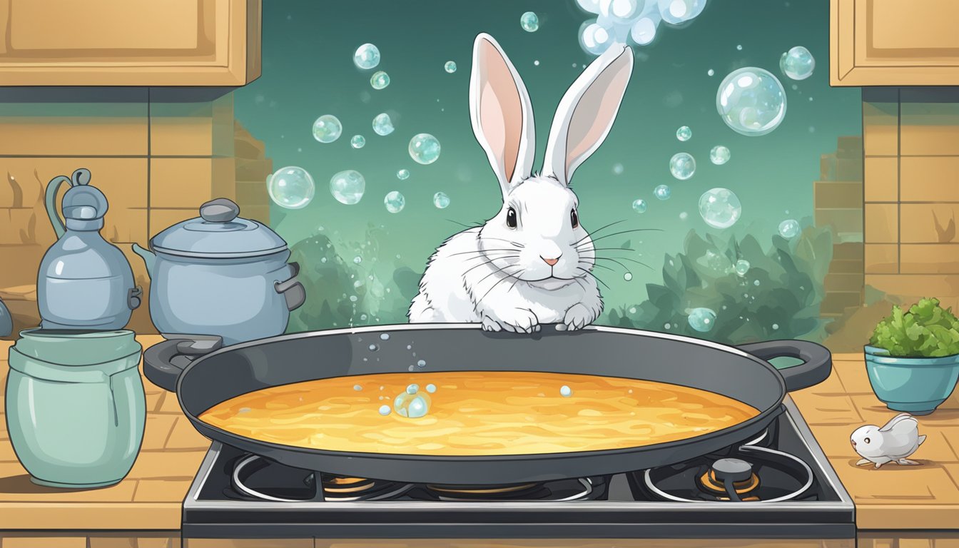 A pot of water on a stove, with a whole rabbit floating inside and bubbles rising to the surface as it boils