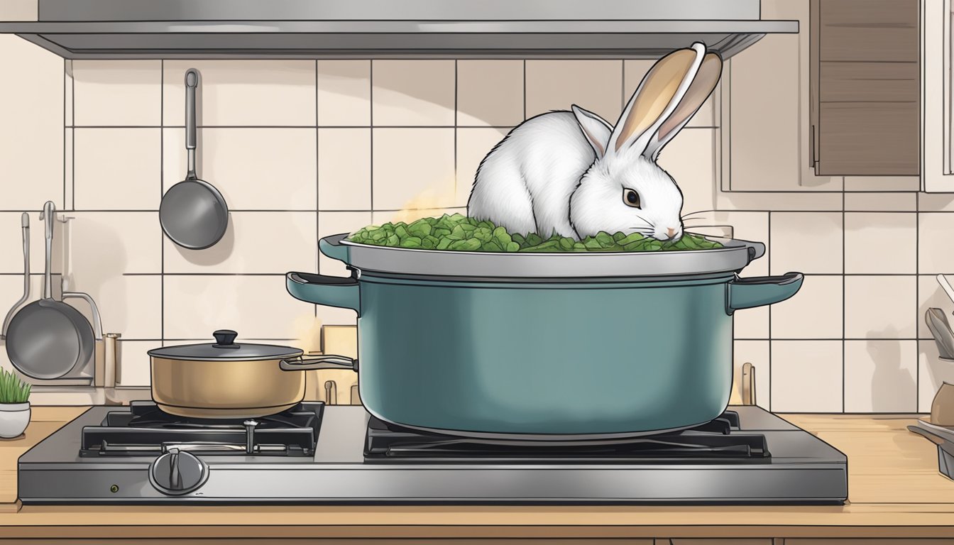 A pot of boiling water with a whole rabbit being carefully lowered in. Steam rises as the rabbit cooks