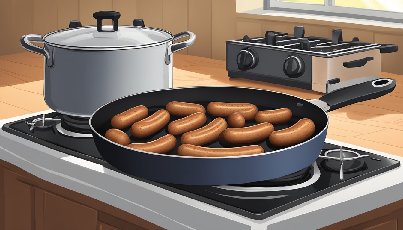 Italian sausages boiling in a pot of water on a stovetop