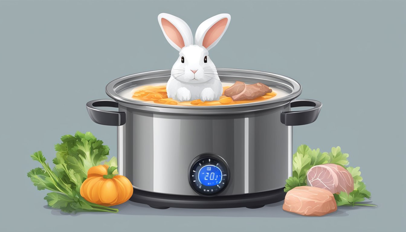 A pot of boiling water with rabbit meat inside, a timer set nearby