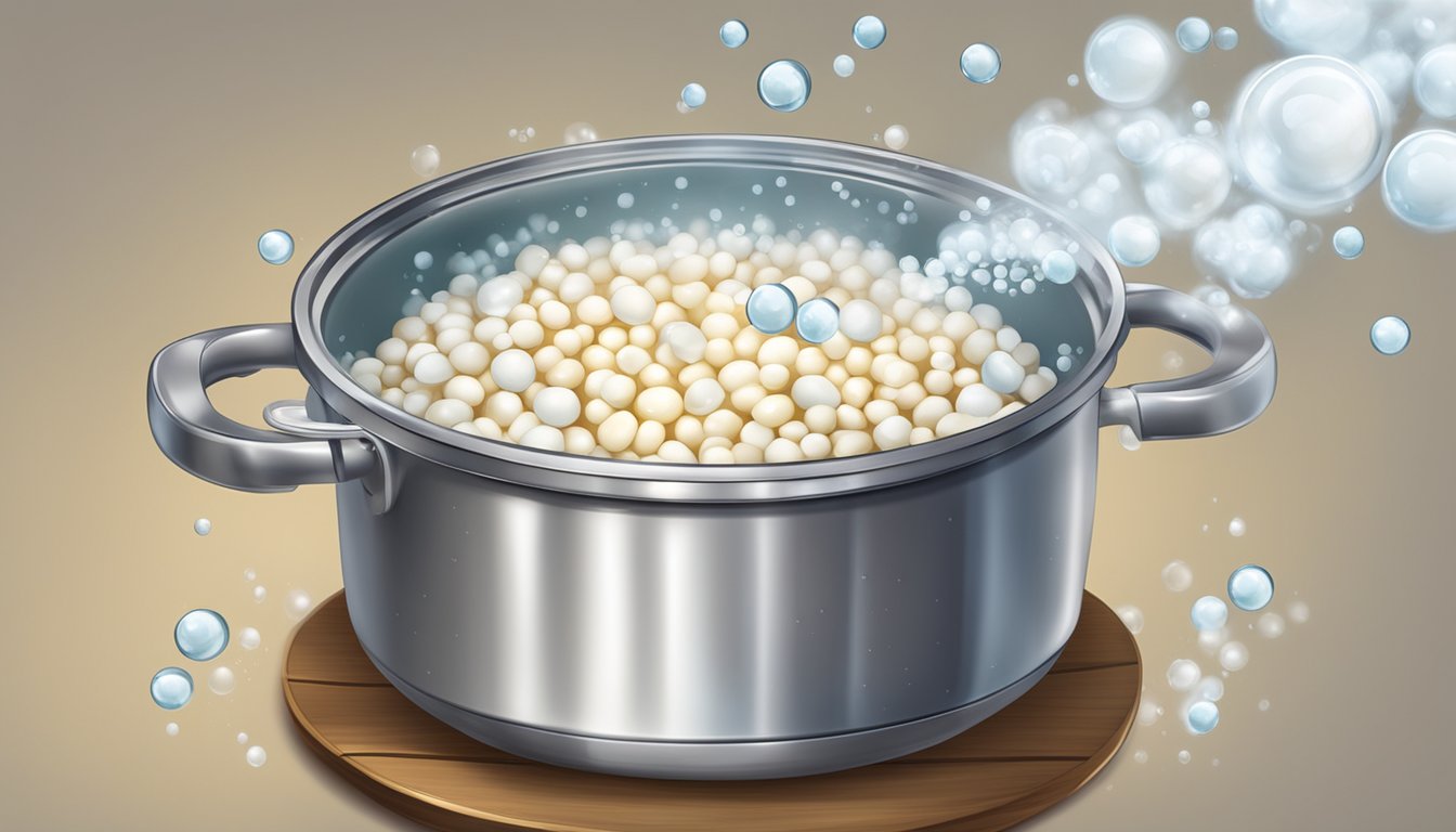 A pot of boiling hominy with bubbles rising to the surface, steam wafting upwards