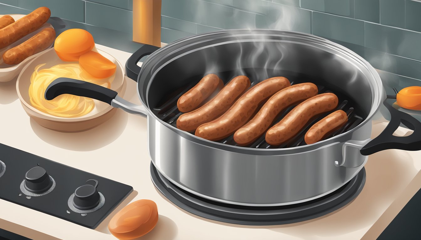 Italian sausages boiling in a pot of water on a stovetop