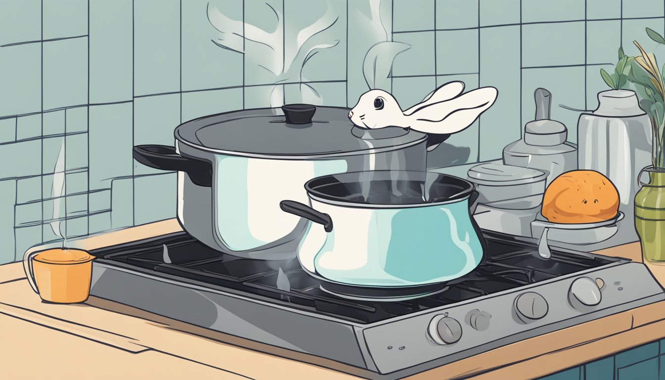 A pot of water boiling on a stovetop with a whole rabbit next to it