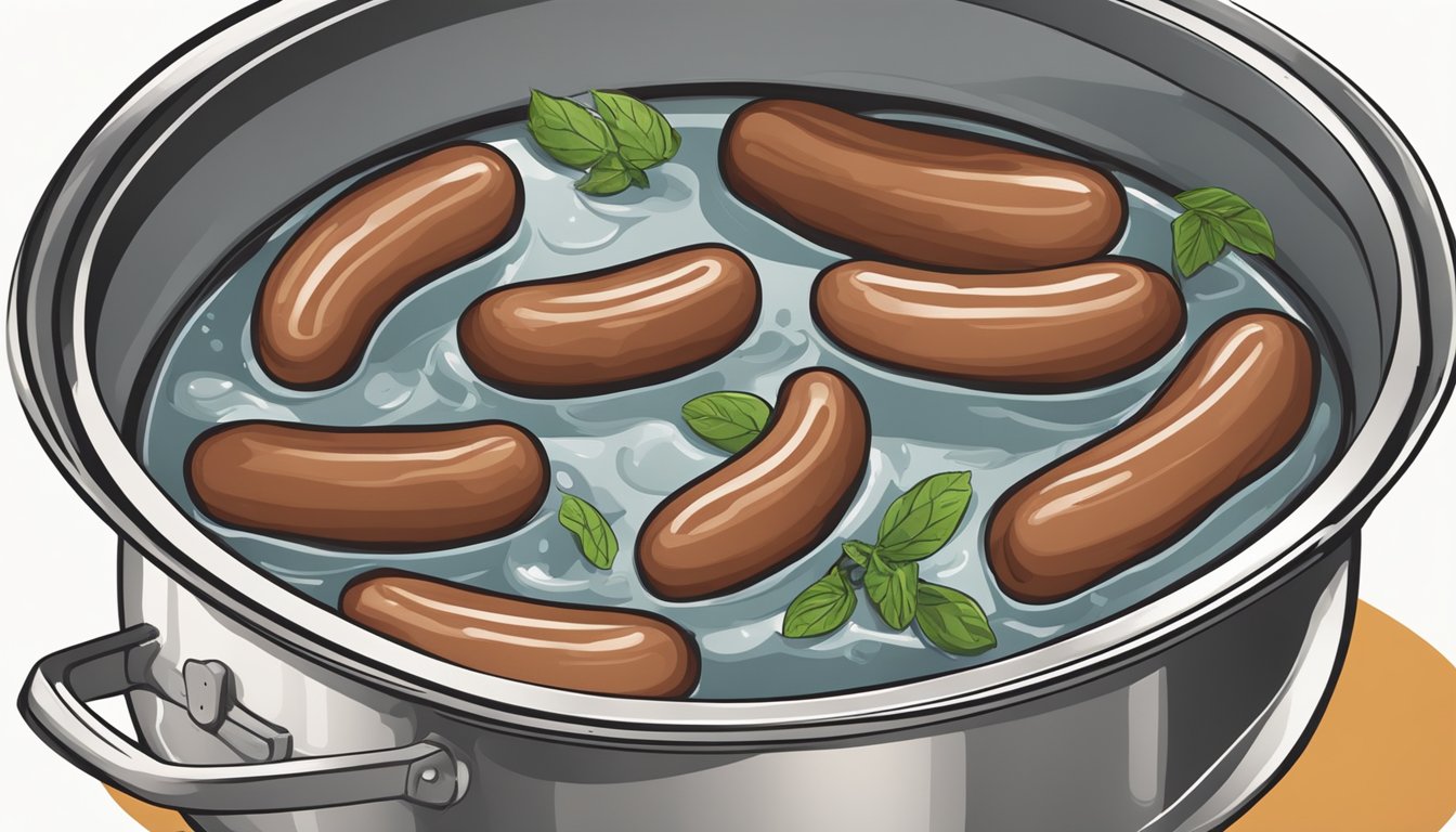 Italian sausages simmer in a pot of boiling water before being transferred to a hot skillet for browning