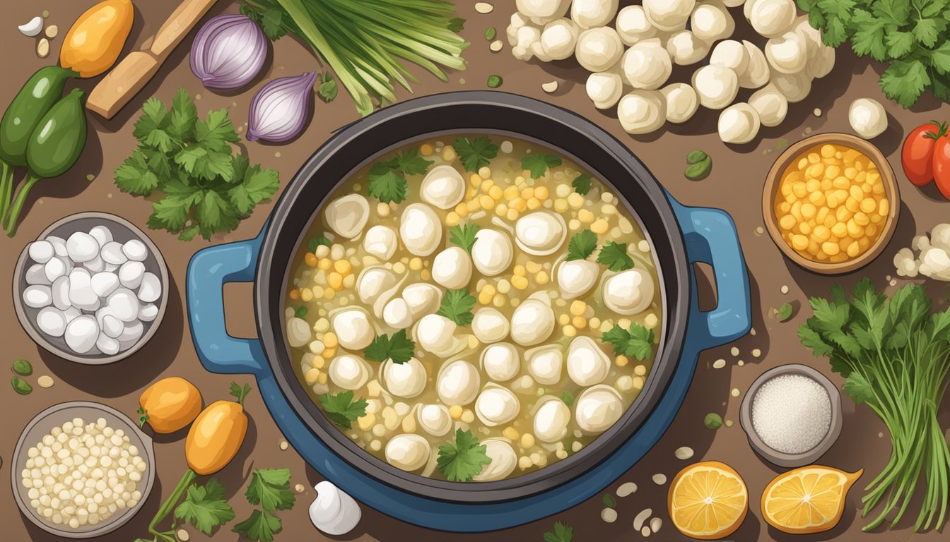 A large pot of boiling hominy and simmering broth with various ingredients surrounding it