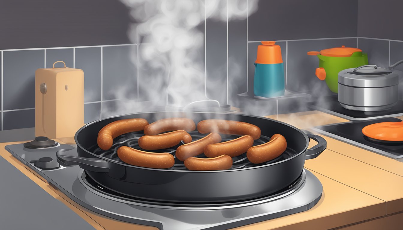 Italian sausages boiling in a pot of water on a stovetop, steam rising, with a timer set nearby