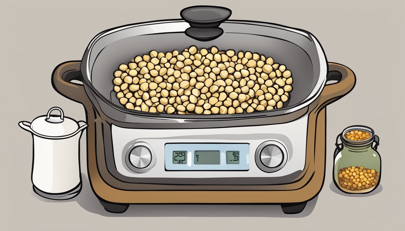 A pot of boiling hominy with a timer set for perfect posole