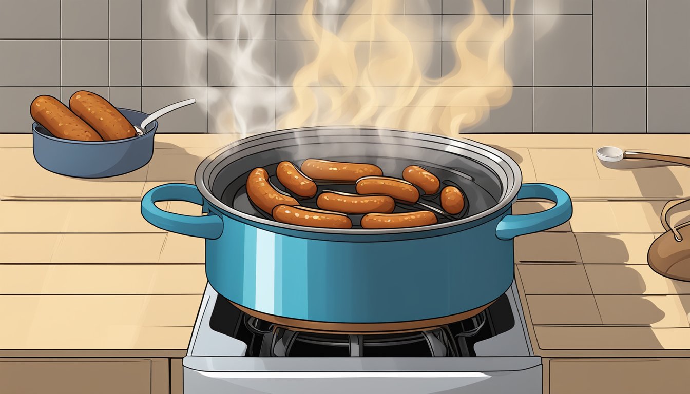 Italian sausages boiling in a pot of water on a stovetop. Steam rising as they cook to perfection