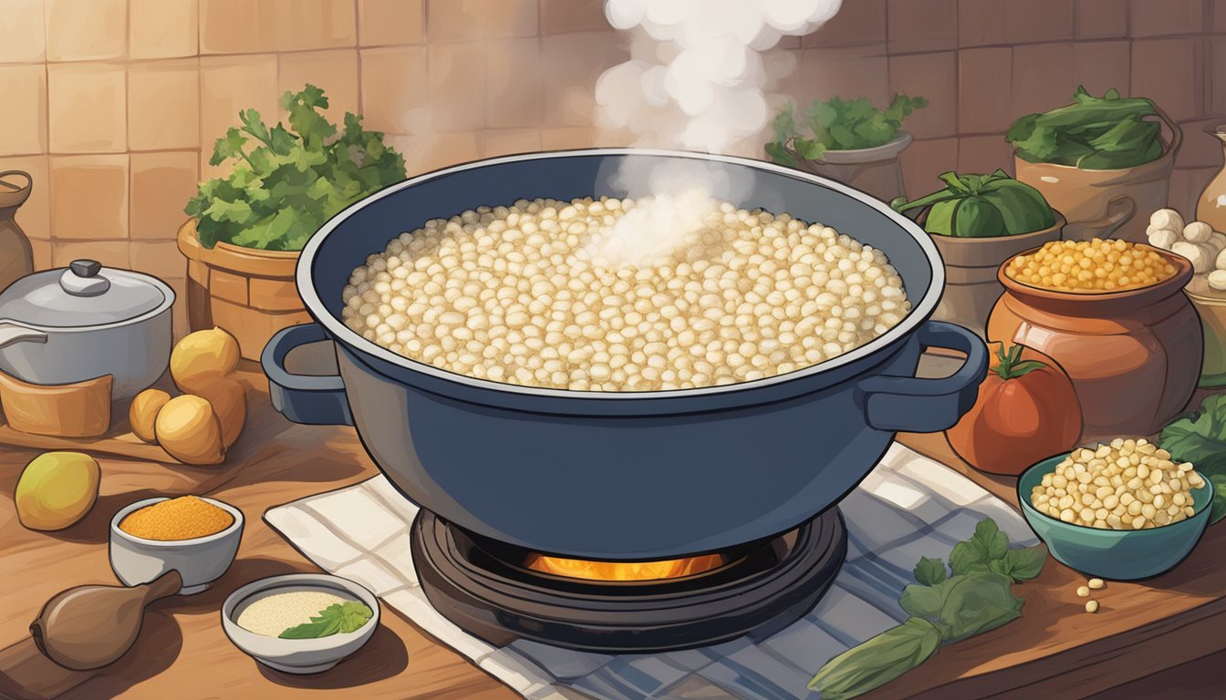 A large pot of boiling hominy, steam rising, as a timer ticks in the background. Ingredients for traditional pozole sit nearby