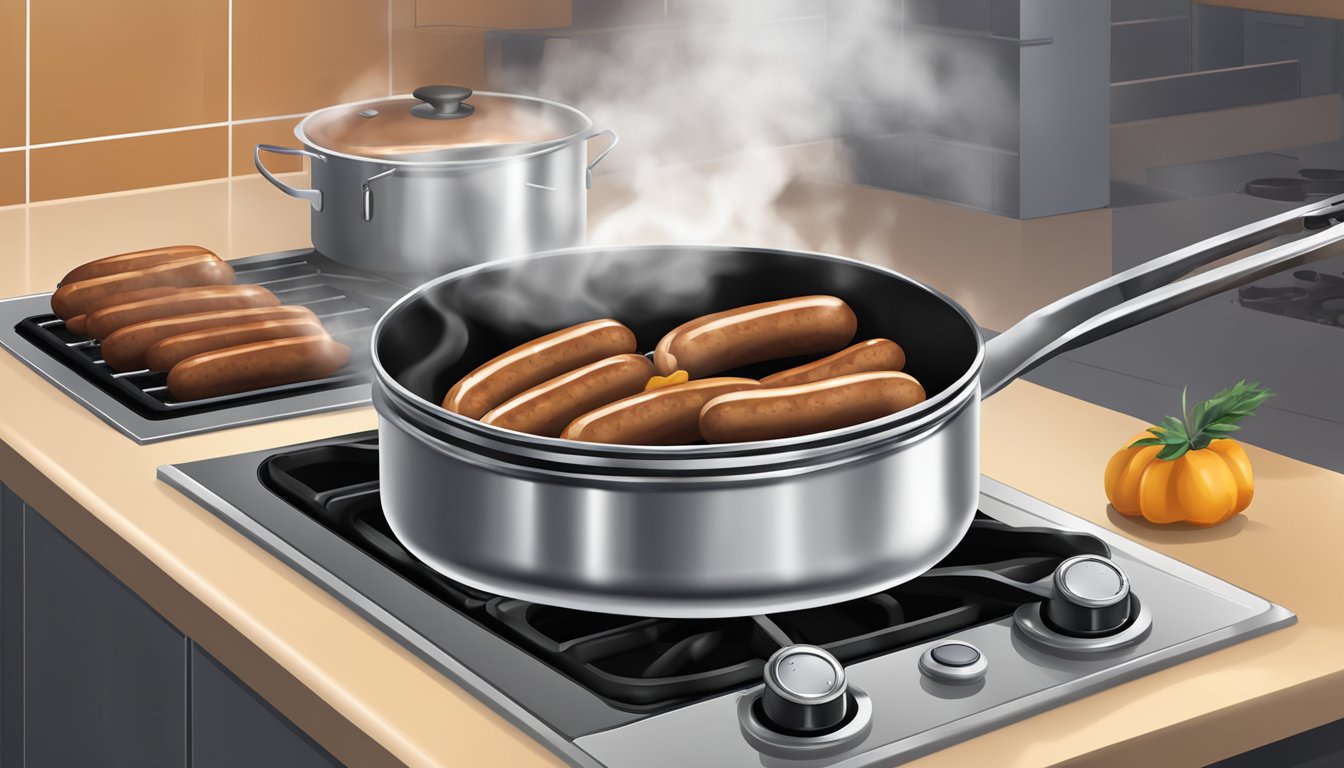 Italian sausages boiling in a pot of water on a stove, steam rising, with a timer set nearby. A skillet and tongs sit on the counter for browning