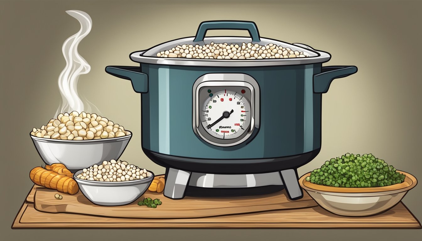 A pot of boiling hominy with a timer set for the perfect traditional posole