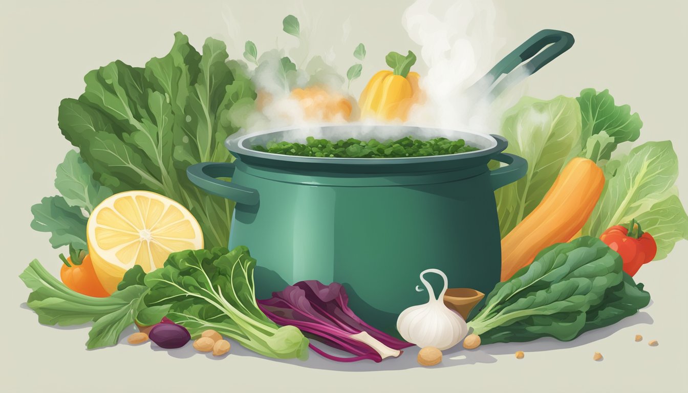 A pot of boiling water with vibrant green Swiss chard submerged, steam rising, and various seasonings and flavor pairings scattered nearby