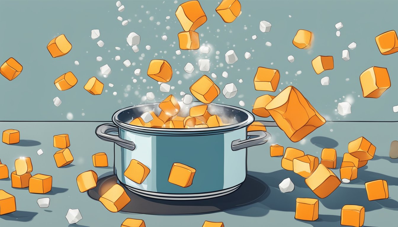 A pot of boiling water with butternut squash cubes being dropped in