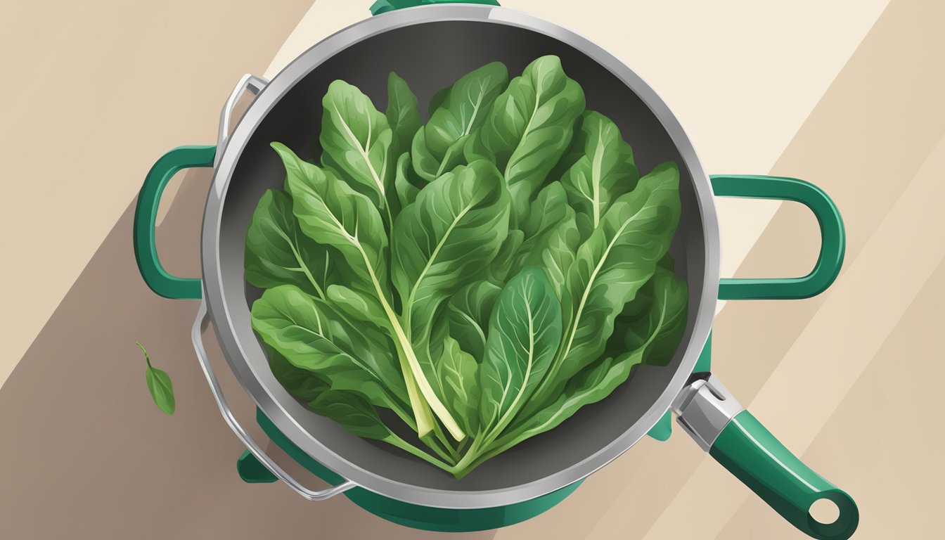 A pot of boiling water with vibrant green swiss chard being dropped in, surrounded by fresh chard leaves and a timer