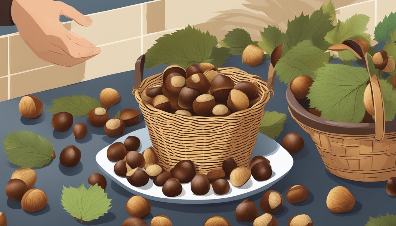 A person selects chestnuts from a basket, placing them in a pot of boiling water