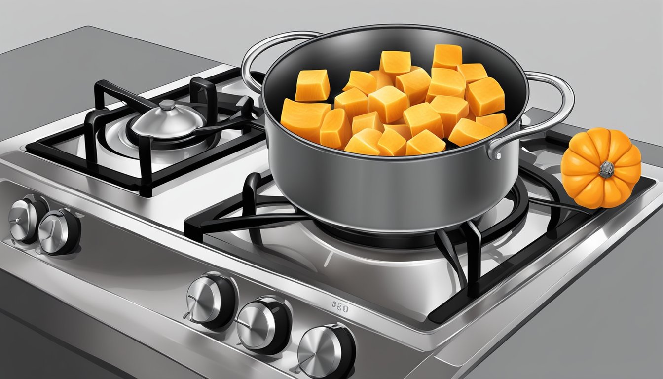 Butternut squash cubes boiling in pot on stove. Timer set. Steam rising