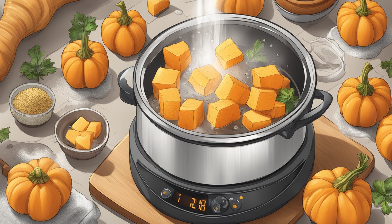 Butternut squash cubes boiling in a pot of water, steam rising, with a timer set nearby. Various seasoning and flavor enhancements laid out on the counter