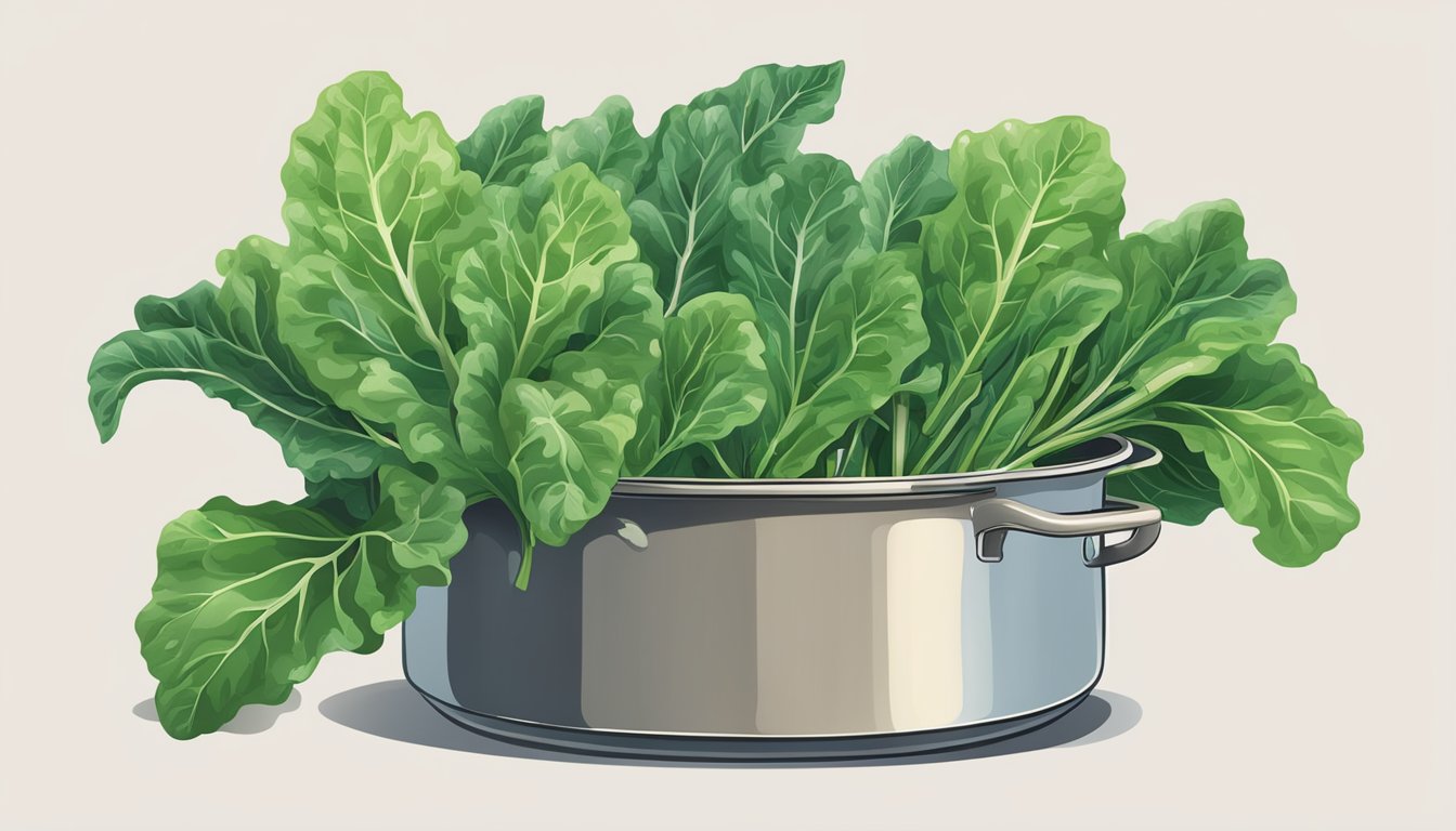 A pot of boiling water with vibrant green swiss chard leaves being carefully lowered in