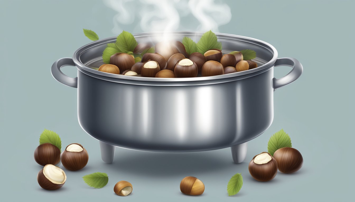 A pot of boiling water with chestnuts floating inside, steam rising