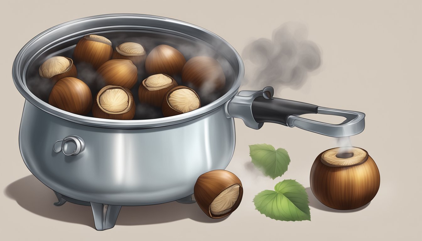 A pot of boiling water with chestnuts inside, steam rising