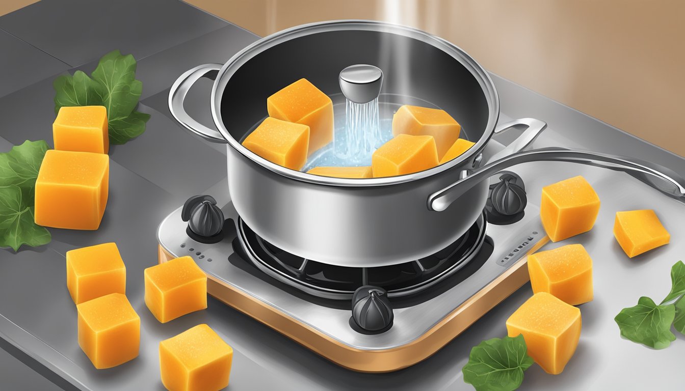 Butternut squash cubes boiling in a pot of water on a stovetop. Timer set for perfect tenderness