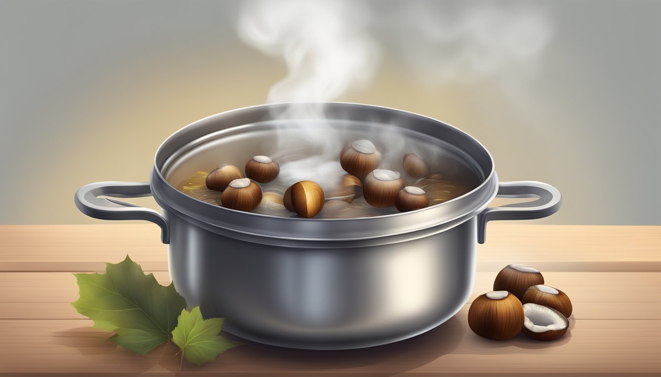 A pot of boiling water with chestnuts inside, steam rising