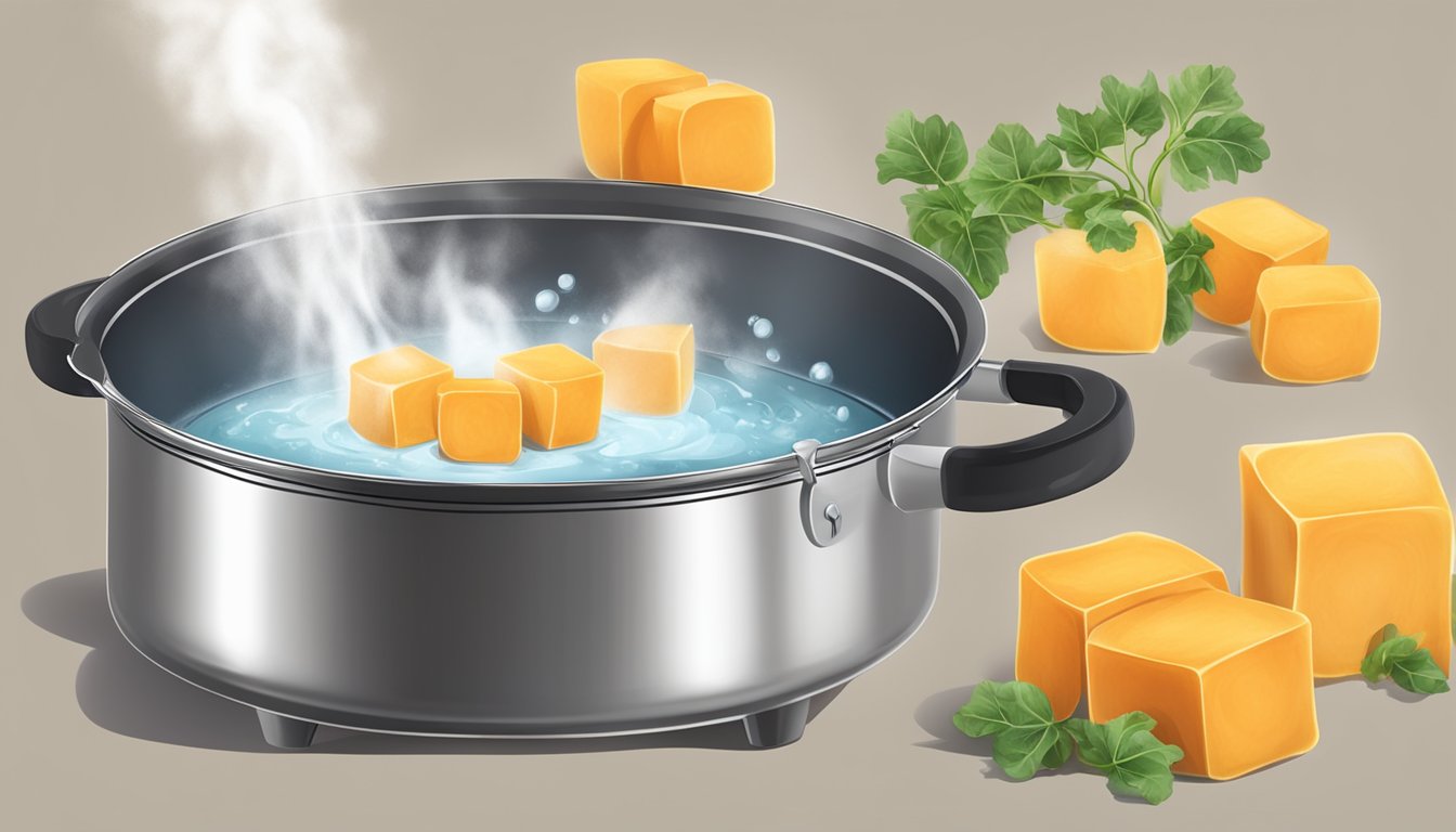 Butternut squash cubes boiling in a pot of water, steam rising, timer set for perfect tenderness