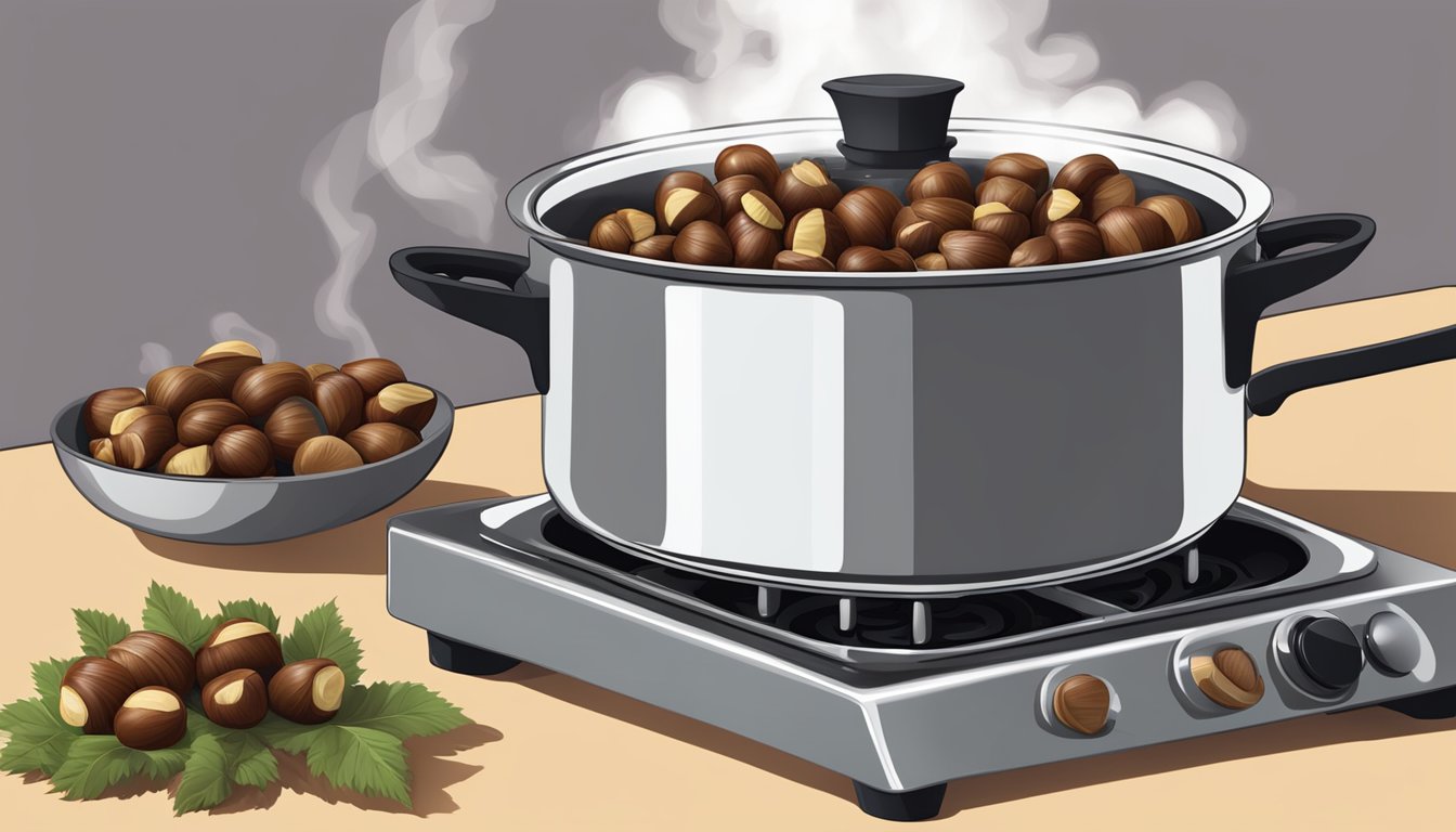 A pot of chestnuts boiling on a stovetop, steam rising