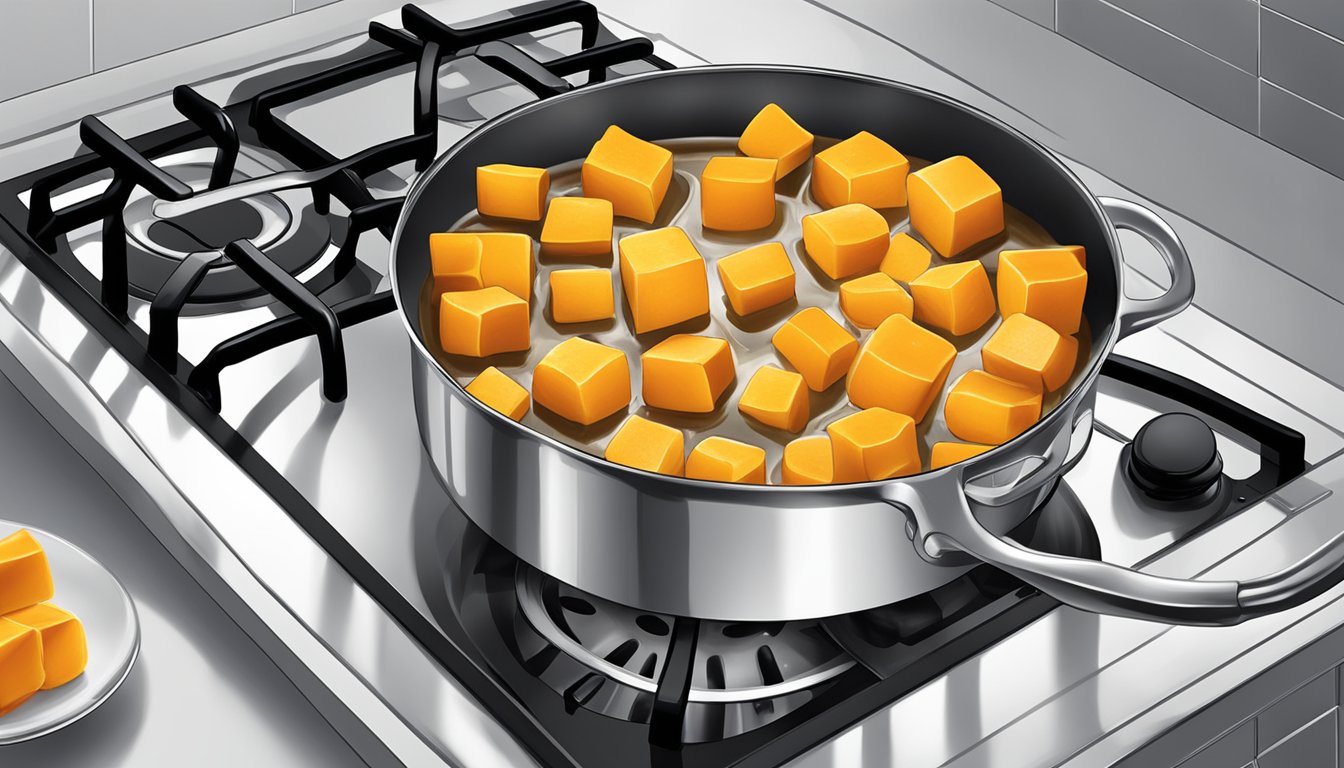 Butternut squash cubes boiling in a pot of water on a stovetop