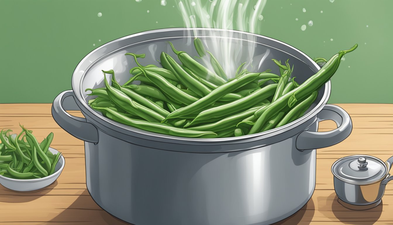 Fresh green beans being placed in a pot of boiling water