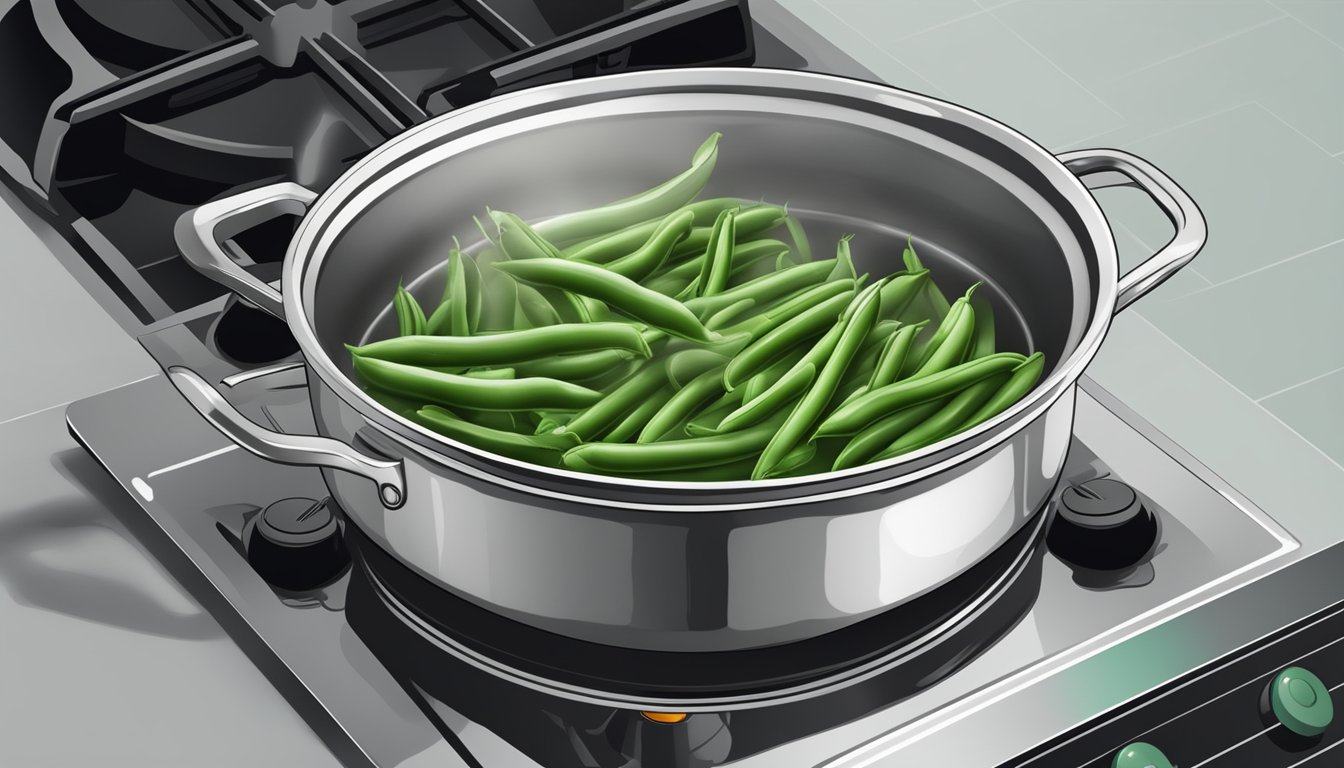 Fresh green beans in a pot of boiling water on a stove. Timer set nearby. Steam rising