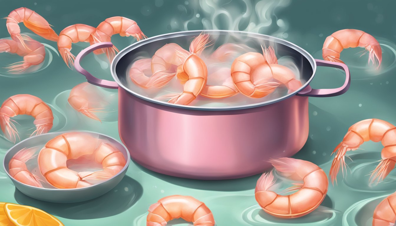 A pot of boiling water with jumbo shrimp floating and turning pink