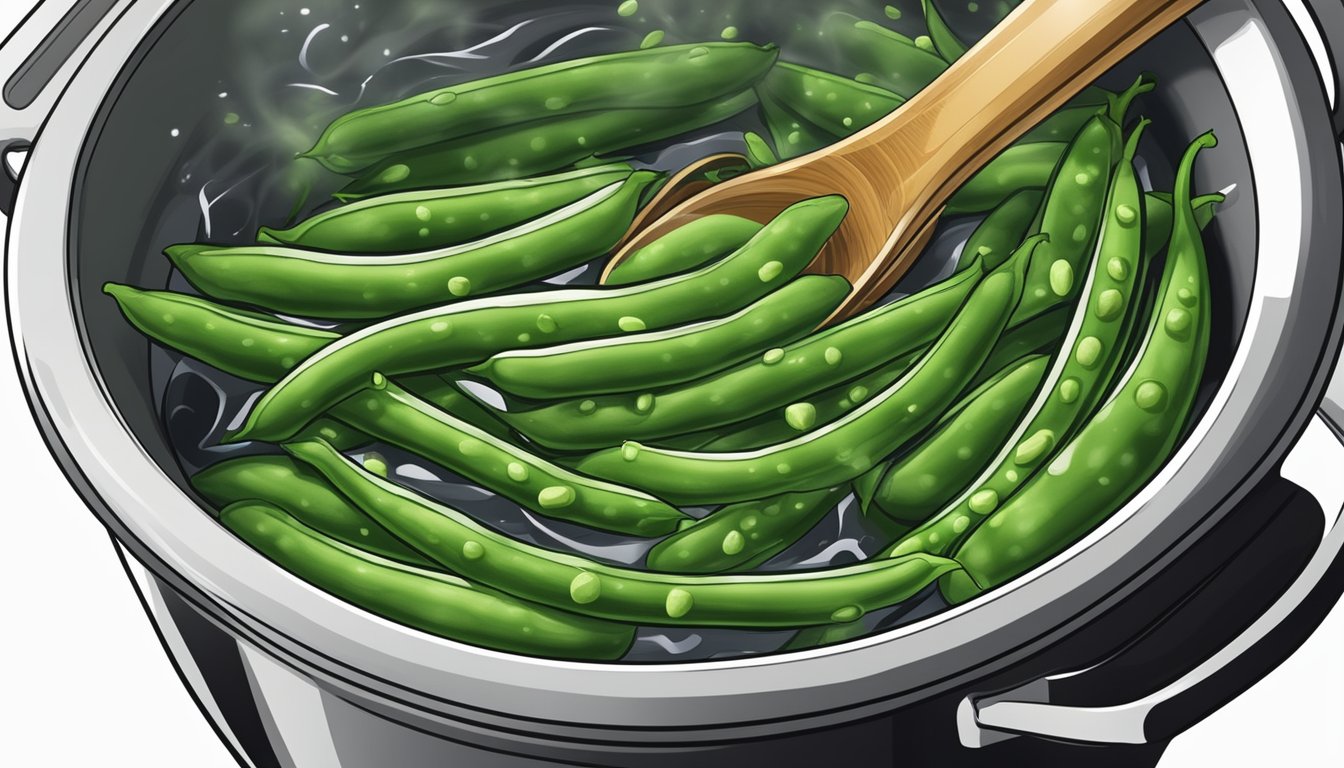 Fresh green beans in a pot of boiling water, steam rising, timer set for 5 minutes