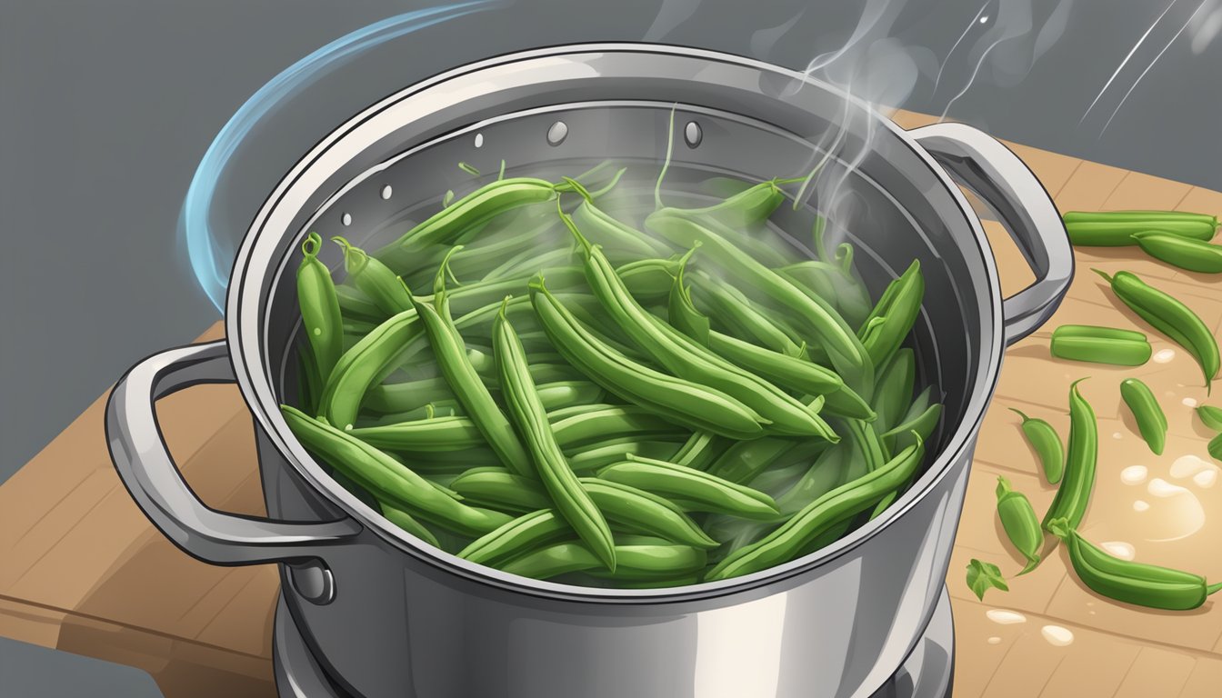 Green beans boiling in a pot of water, steam rising, with a timer set for the ideal cooking time