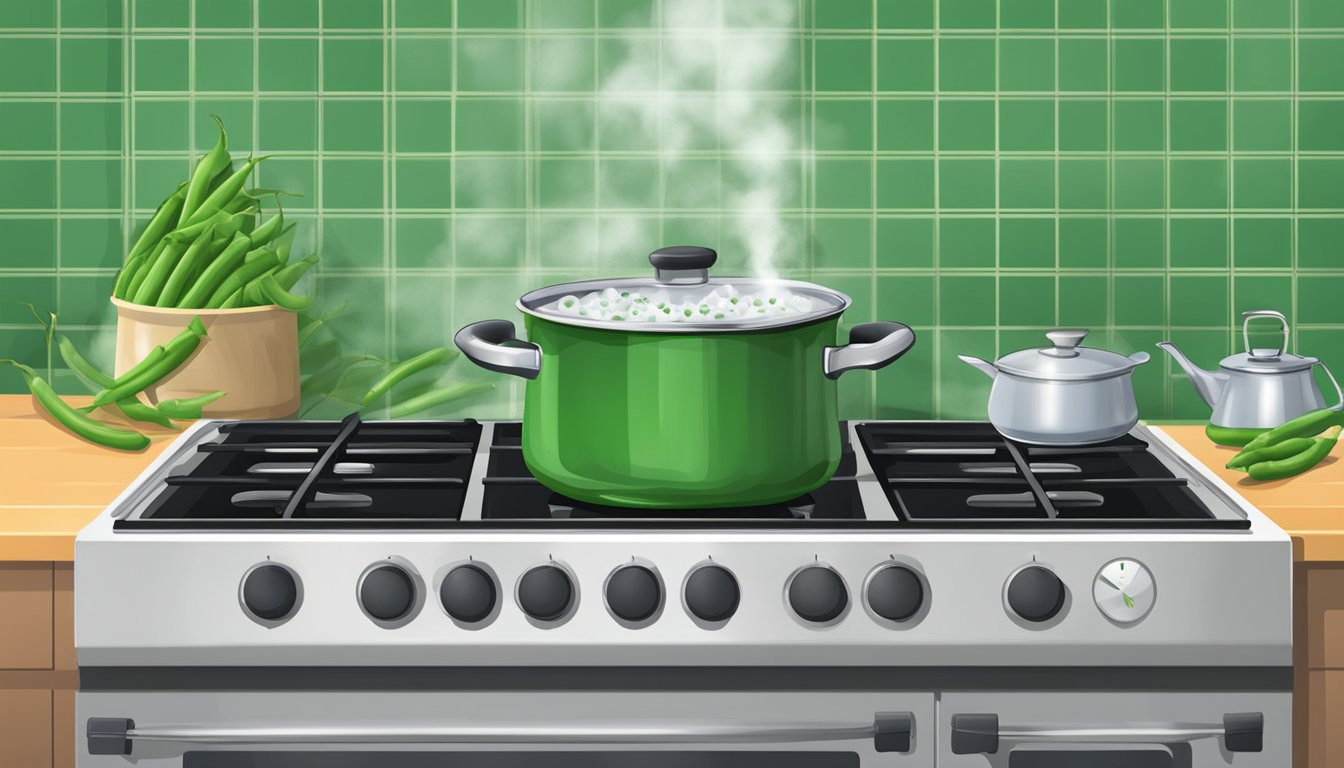 Fresh green beans boiling in a pot of water on a stove. A timer set nearby. Steam rising