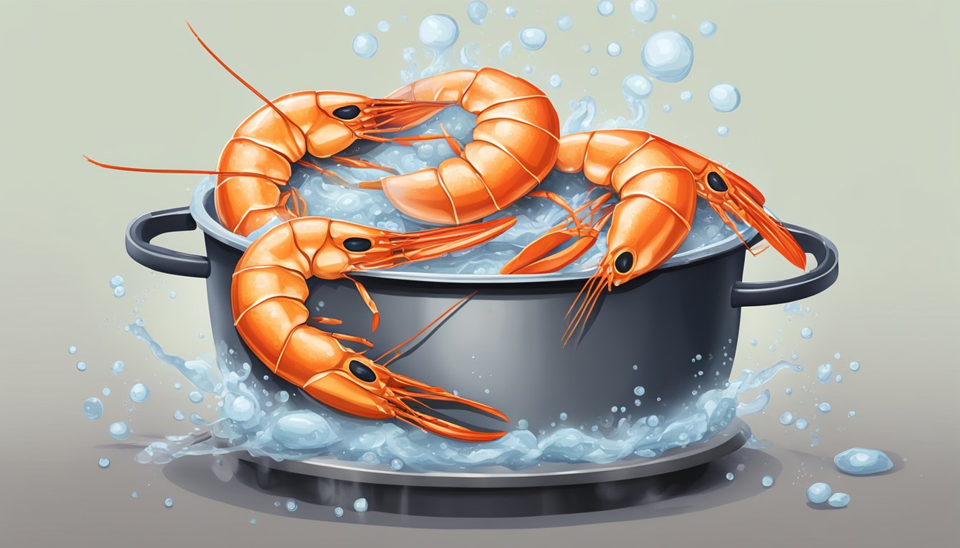 Jumbo shrimp boiling in a pot of bubbling water on a stovetop