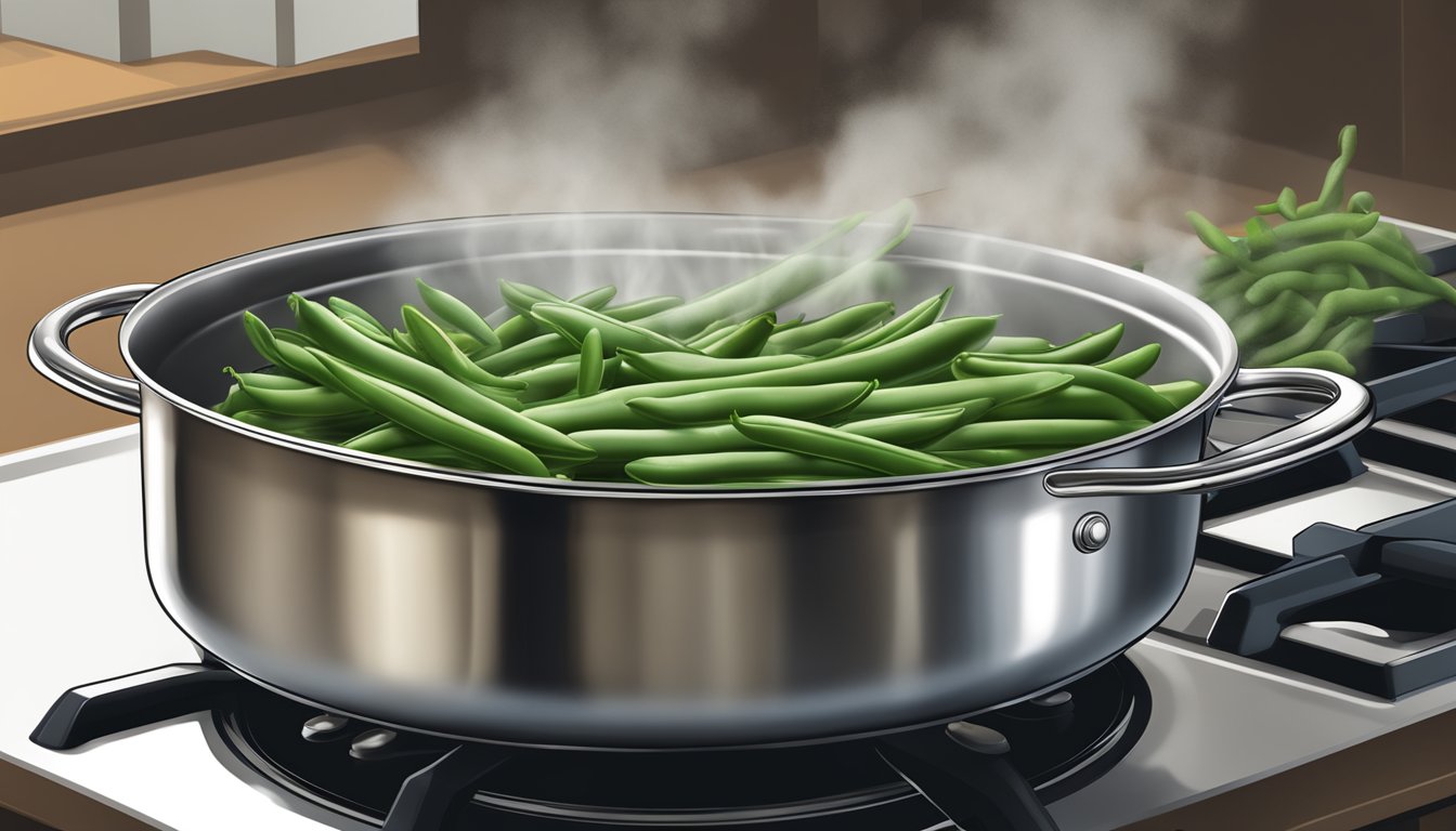 Fresh green beans boiling in a pot of water on a stove, steam rising as they cook