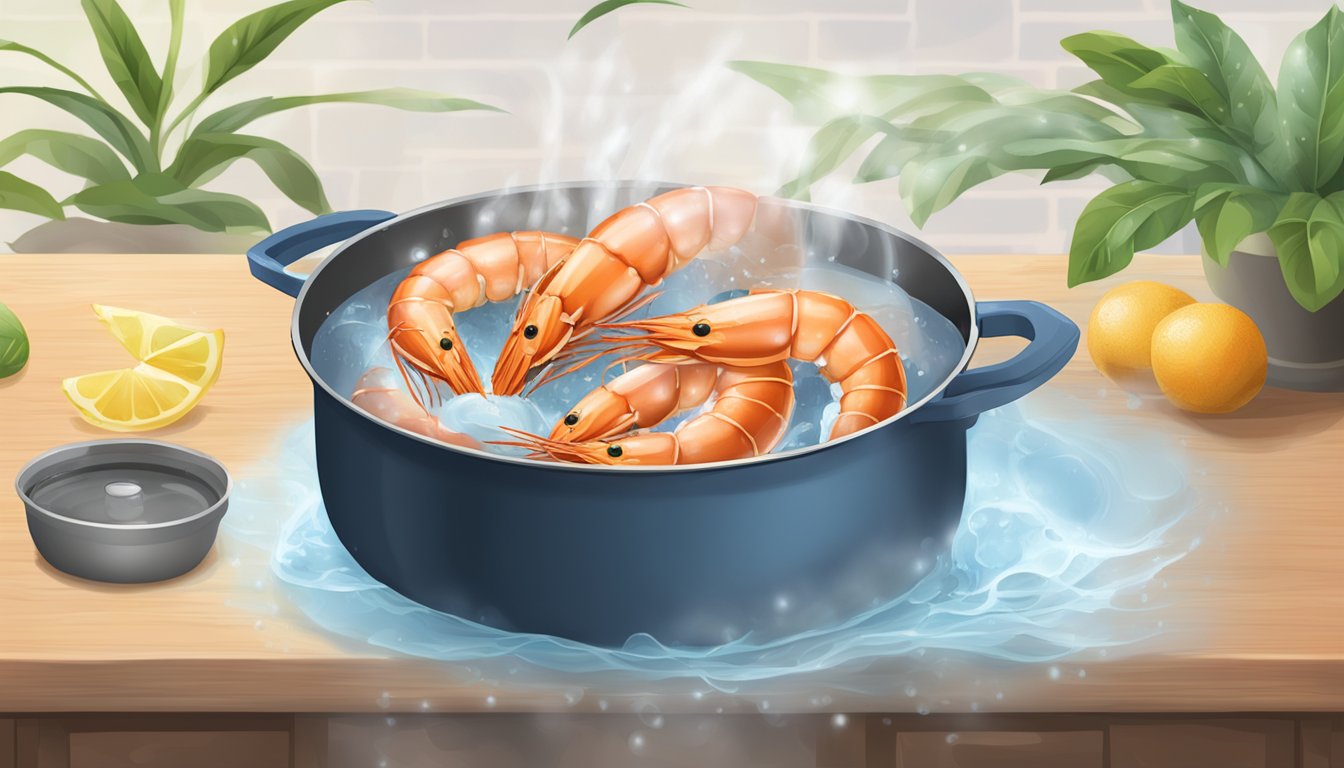 Jumbo shrimp boiling in a pot of water, timer set nearby