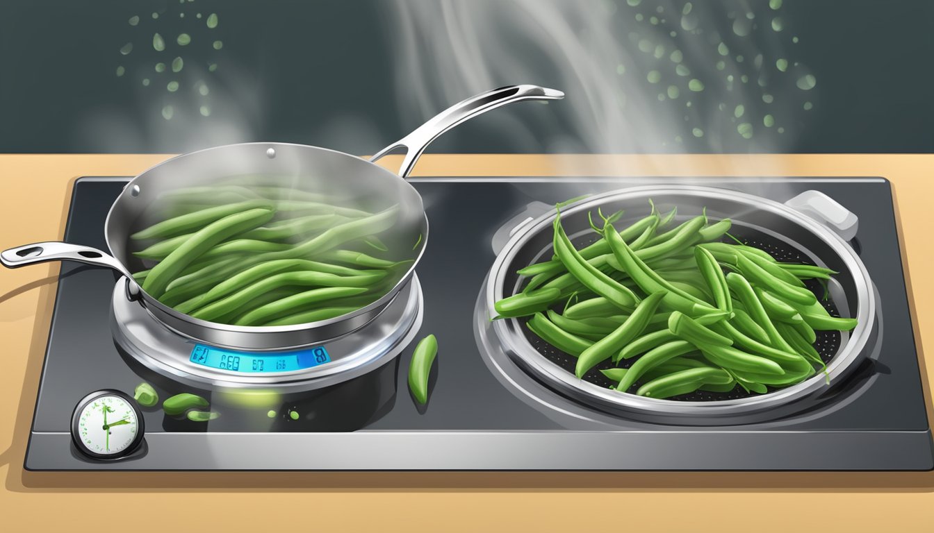 Fresh green beans boiling in a pot of water on a stovetop, with a timer set for the recommended cooking time