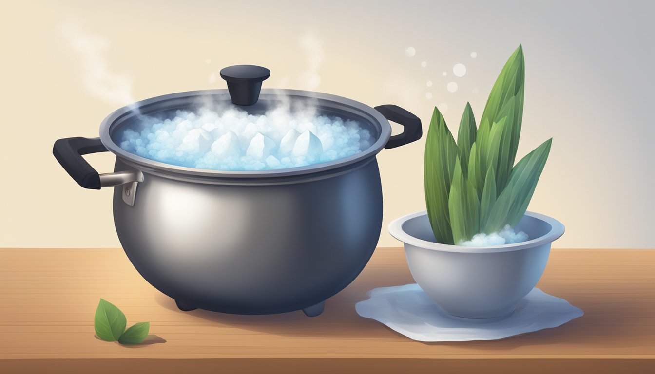 A pot of boiling water with yuca inside, steam rising