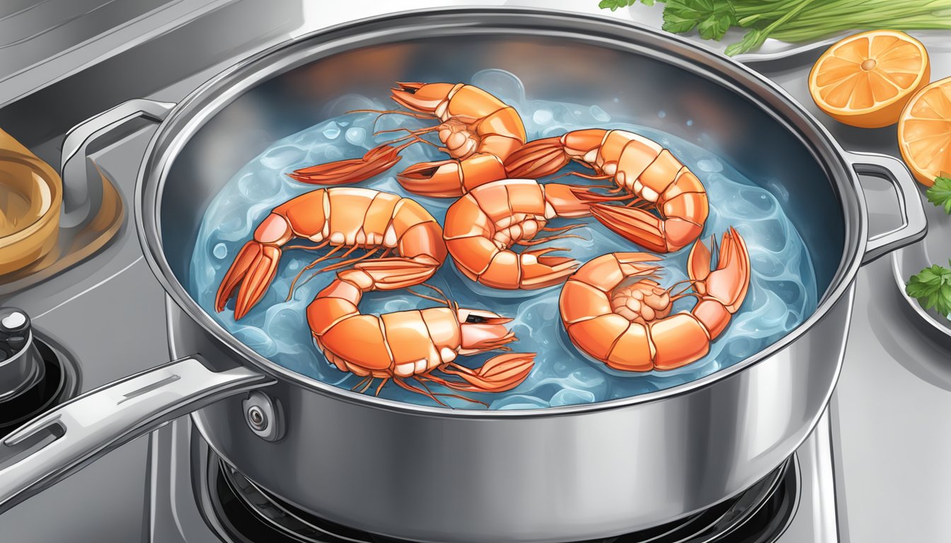 Jumbo shrimp boiling in a pot of water on a stovetop, steam rising and timer set